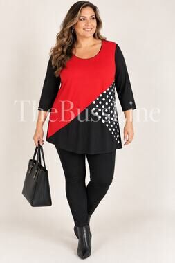 Star Vixen Tunic Top XL Red Black Polka Dot Colorblock 3/4 Sleeve Stretch